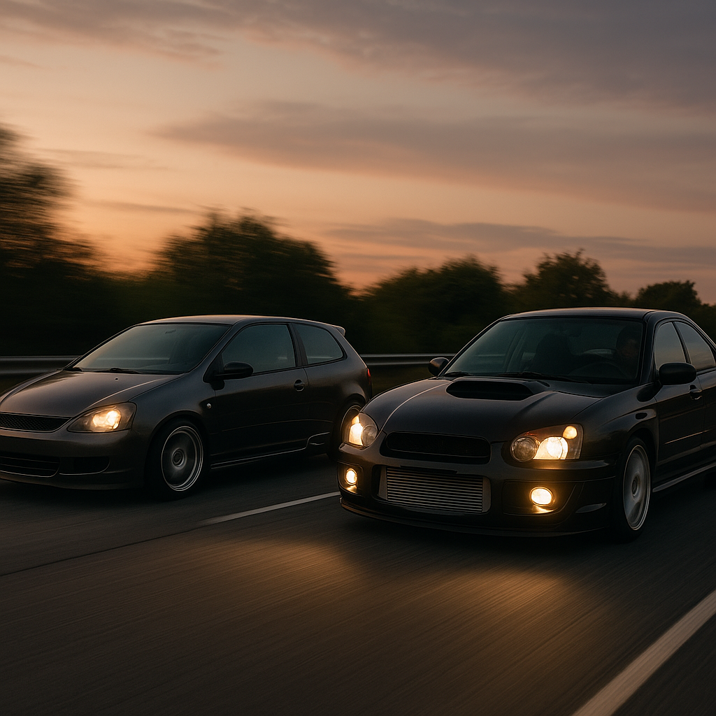 Rolling shot of modified cars cruising in the UK boy racer scene at dusk