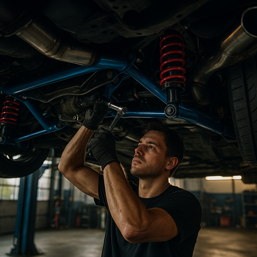 Mechanic fitting performance components to create a stronger forged chassis setup