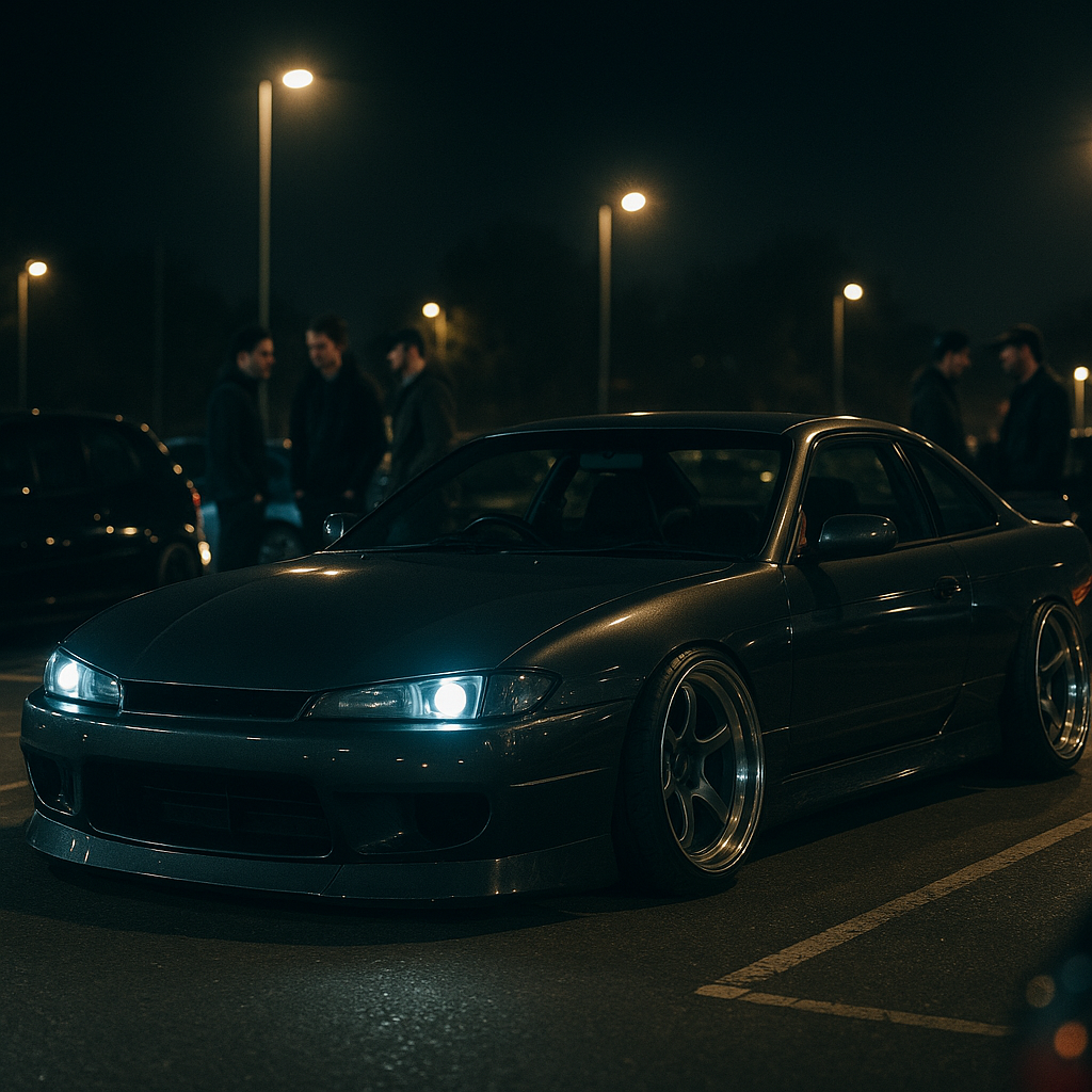 Car meet showcasing a serious street build running a forged chassis and aggressive stance