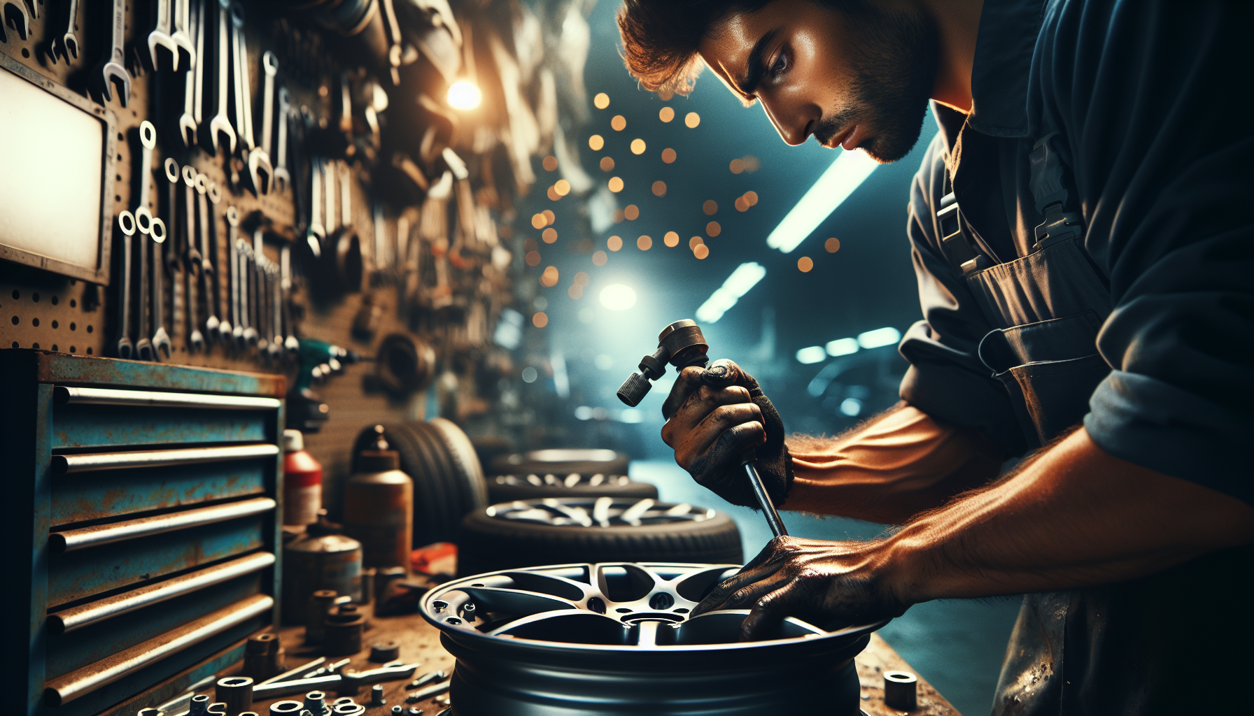 Mechanic torquing wheel spacer nuts as part of routine modified car maintenance