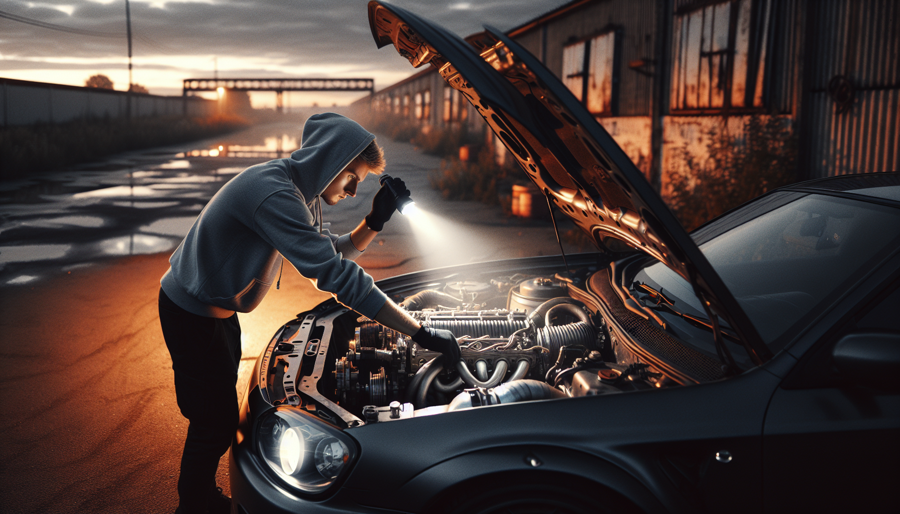 Car enthusiast inspecting engine bay as part of modified car maintenance routine