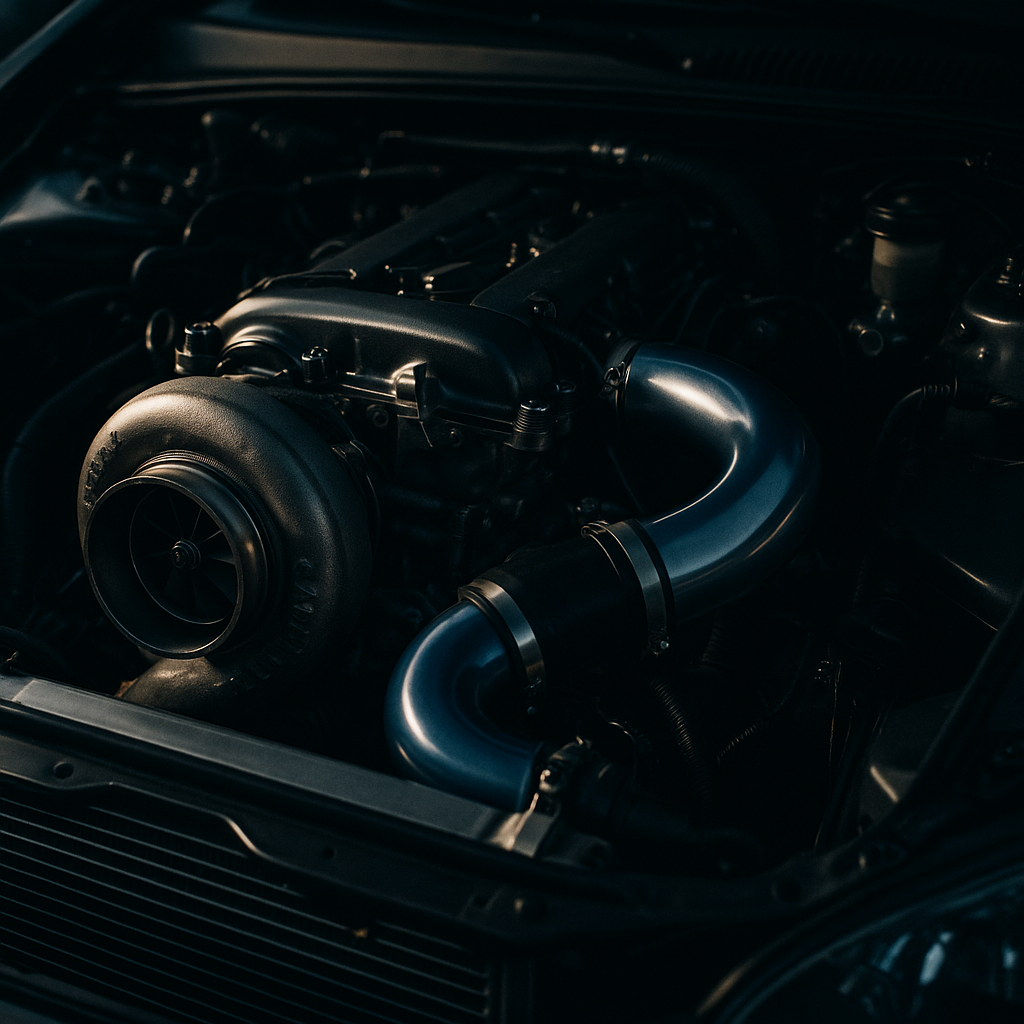 Engine bay detail of a cheap to insure boy racer car with performance modifications