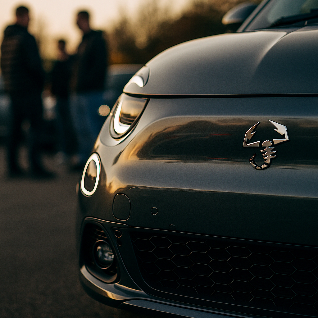 Abarth 500e front detail at an electric hot hatch cruise meet, scorpion badge close-up
