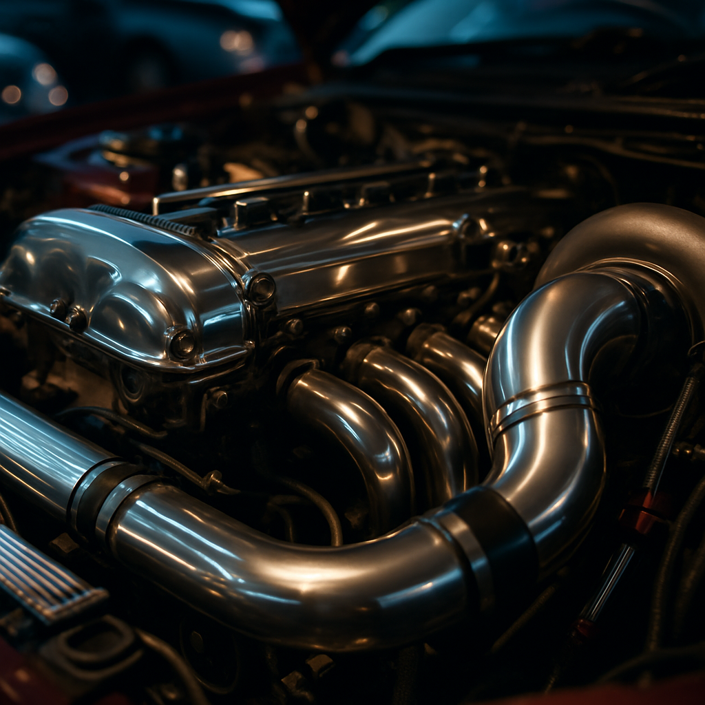 Close-up of a modified engine bay at a UK car cruising event showing turbocharged performance parts