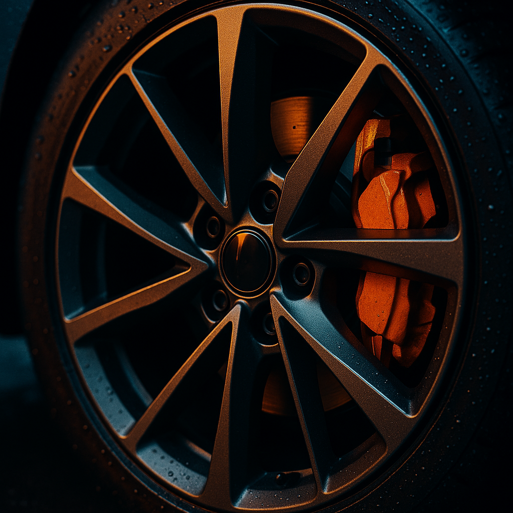 Close-up of electric hot hatch 2026 alloy wheel and brake caliper with rain droplets
