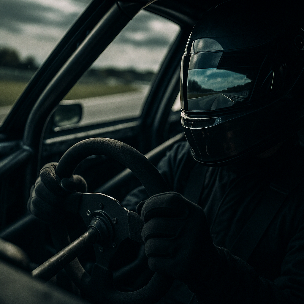 Driver gripping steering wheel on circuit, detail shot from a track day beginners guide UK
