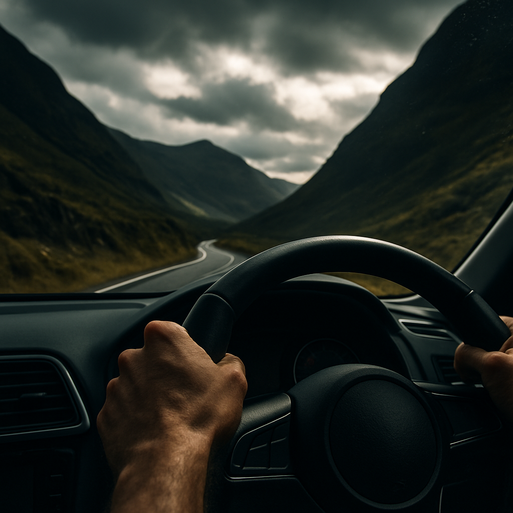 Driver on best driving roads UK petrolhead mountain pass Scotland