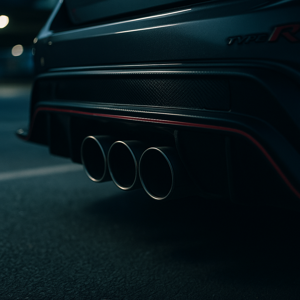 Honda Civic Type R 2026 review close-up of triple exhaust and rear diffuser