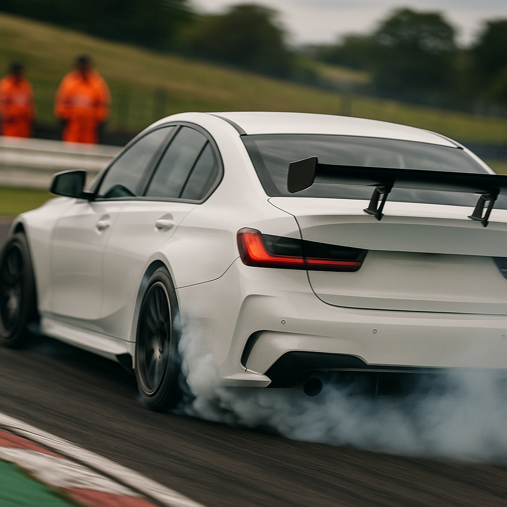 Touring car sliding through a hairpin corner, a key sight when attending motorsport events at UK circuits