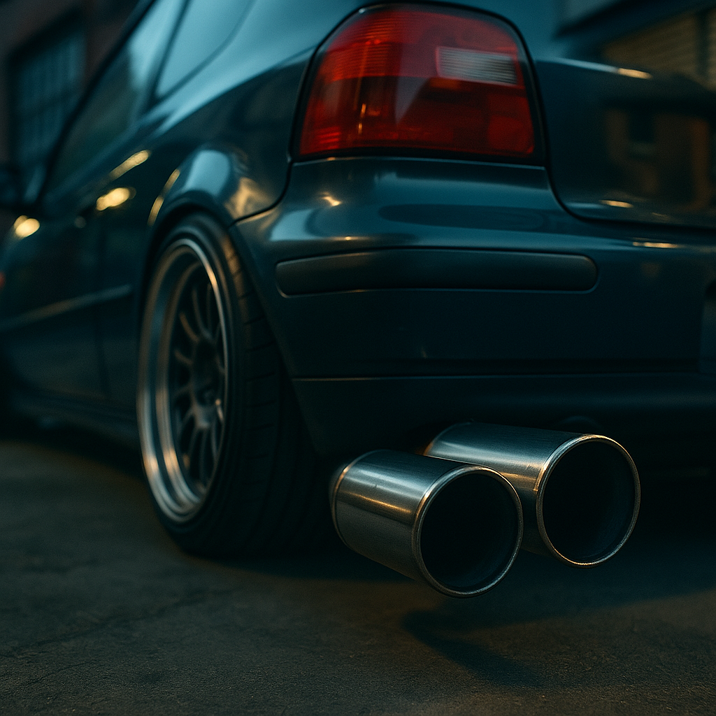 Aftermarket exhaust system close-up as part of a legal UK car modification build