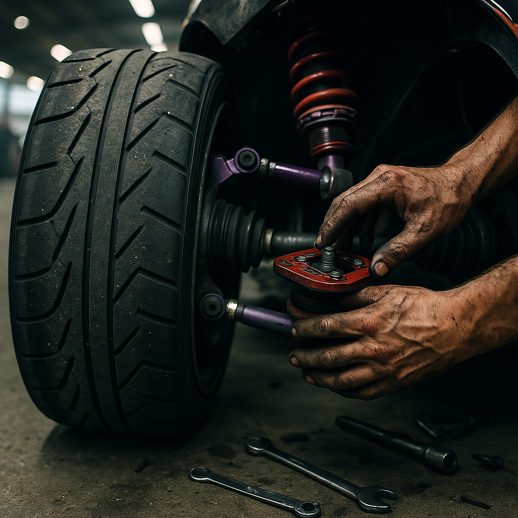 Close-up of UK drift culture car suspension setup in paddock during drift event preparation