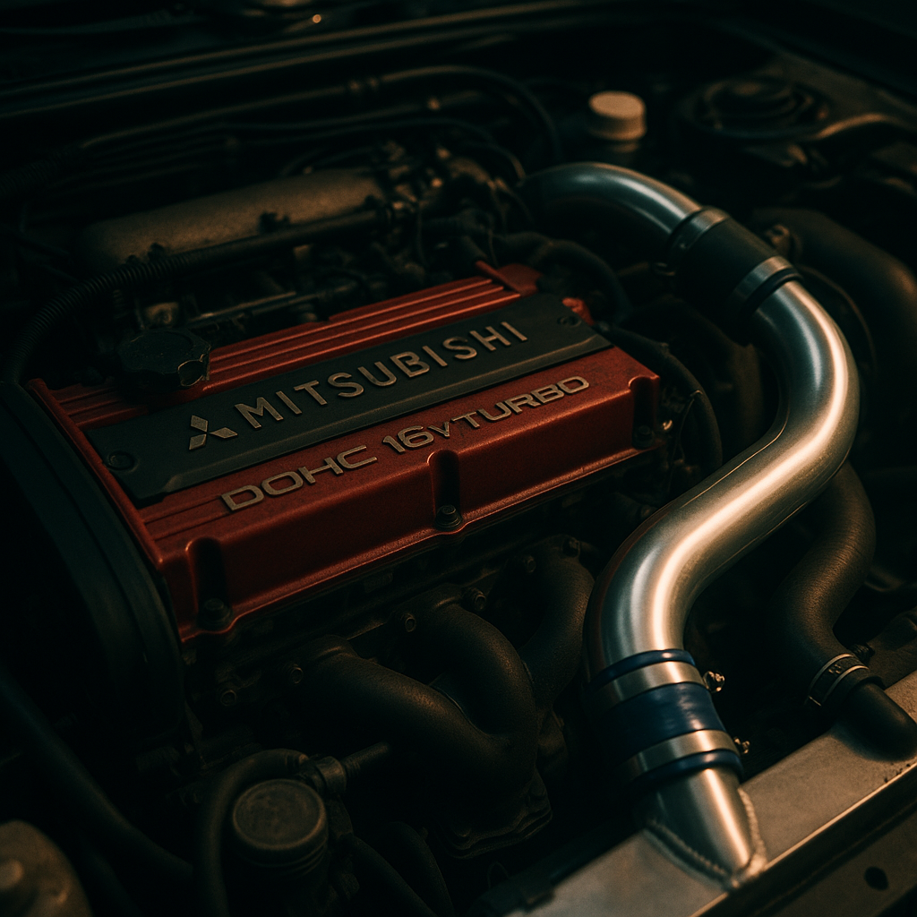 Mitsubishi Evo turbocharged engine bay close-up detail shot