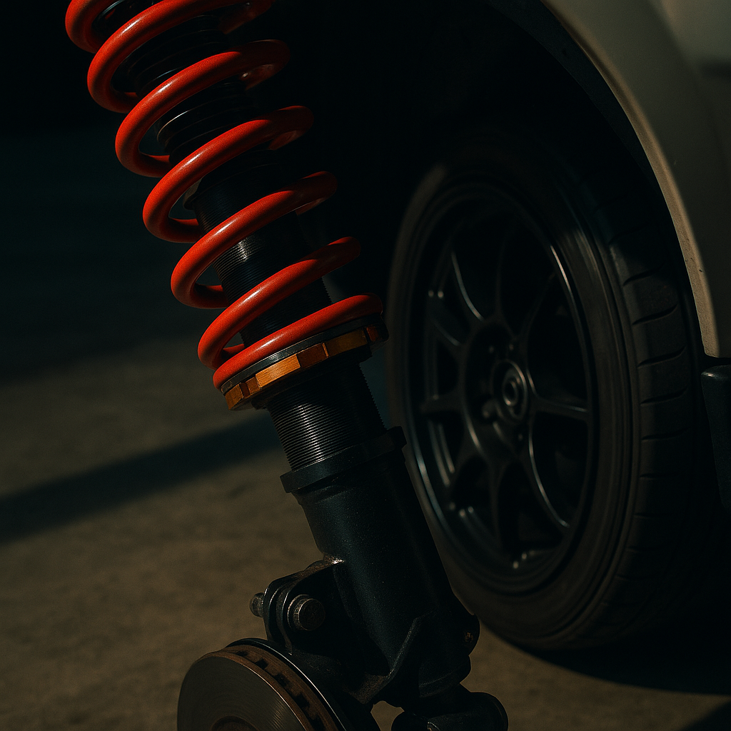 Coilover suspension close-up detail relevant to coilovers vs air ride UK roads comparison